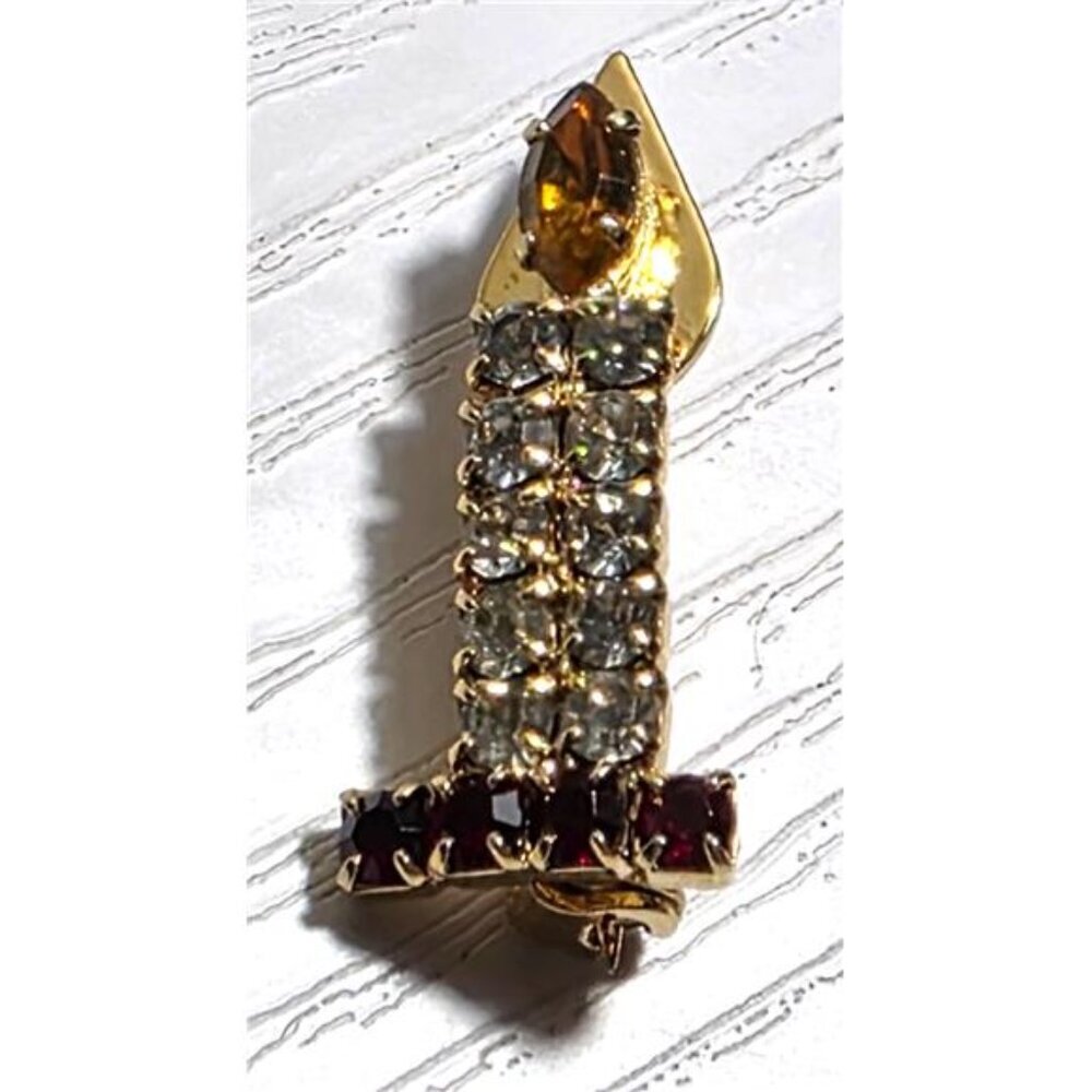 Vintage Candle Brooch Rhinestone Flame Figural Gold Tone 30mm